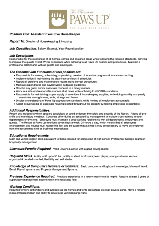 Job Description - Assistant Executive Housekeeper Printable pdf