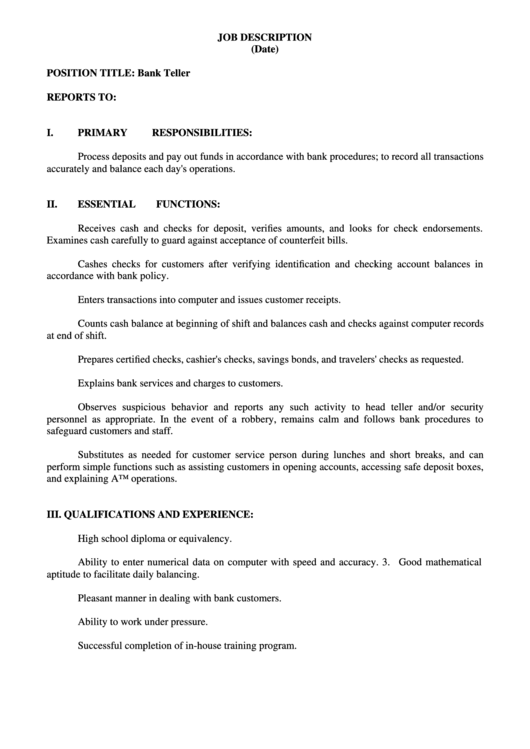 Bank Teller Job Description Printable pdf