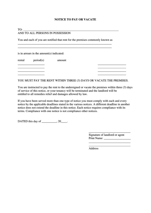 Fillable Notice To Pay Or Vacate Form Printable pdf