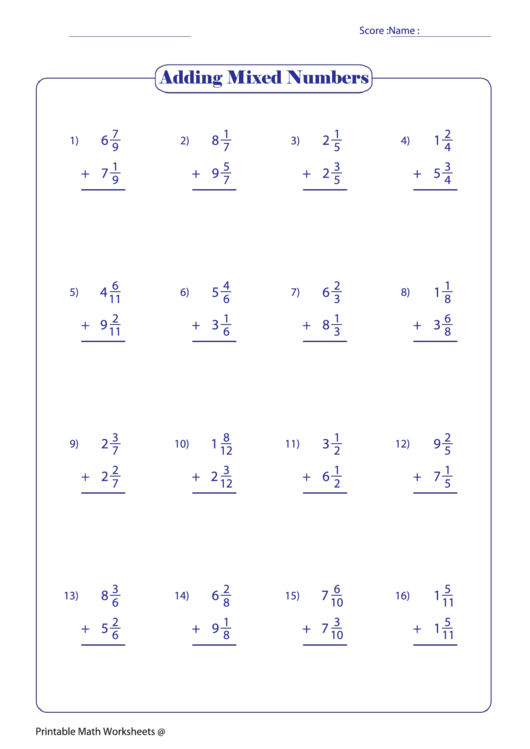 Adding Mixed Numbers Worksheet printable pdf download