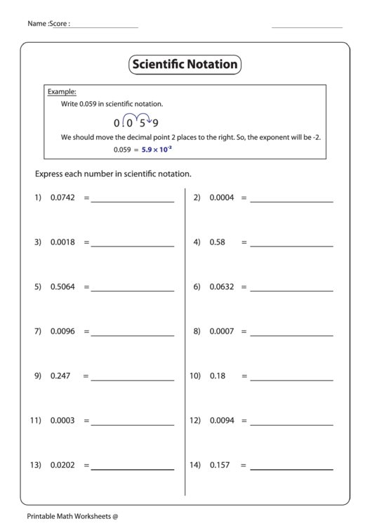 Expressing Numbers In Scientific Notation Worksheet With Answer Key Printable pdf