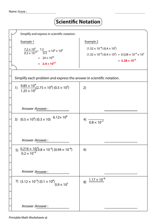 Simplifying Expressions In Scientific Notation Worksheet With Answer Key