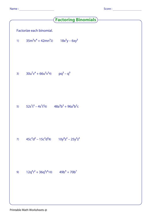 Factoring Binomials Worksheet