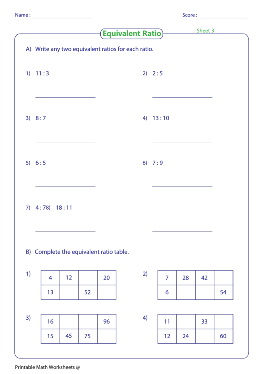 Equivalent Ratios And Multiplication Tables Worksheet