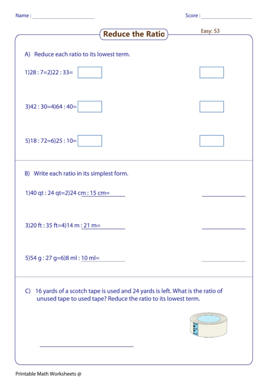 Reduce The Ratio Worksheet Printable pdf