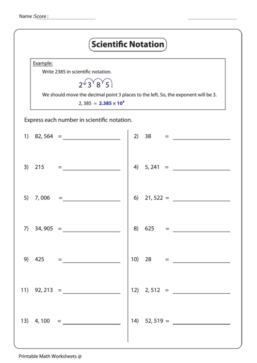 Expressing Numbers In Scientific Notation Worksheet With Answer Key Printable pdf