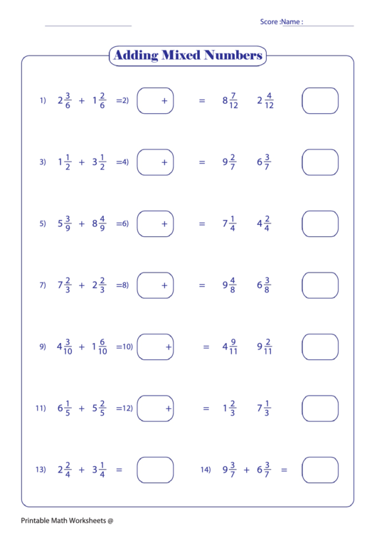 Adding Mixed Numbers Worksheet printable pdf download