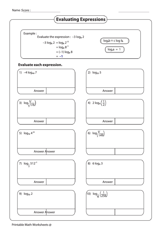 Evaluating Expressions Log Worksheet Printable pdf
