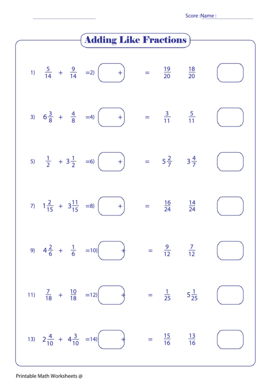 Adding Like Fractions Worksheet Printable pdf