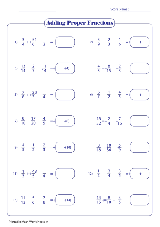 Adding Proper Fractions Worksheet Printable pdf