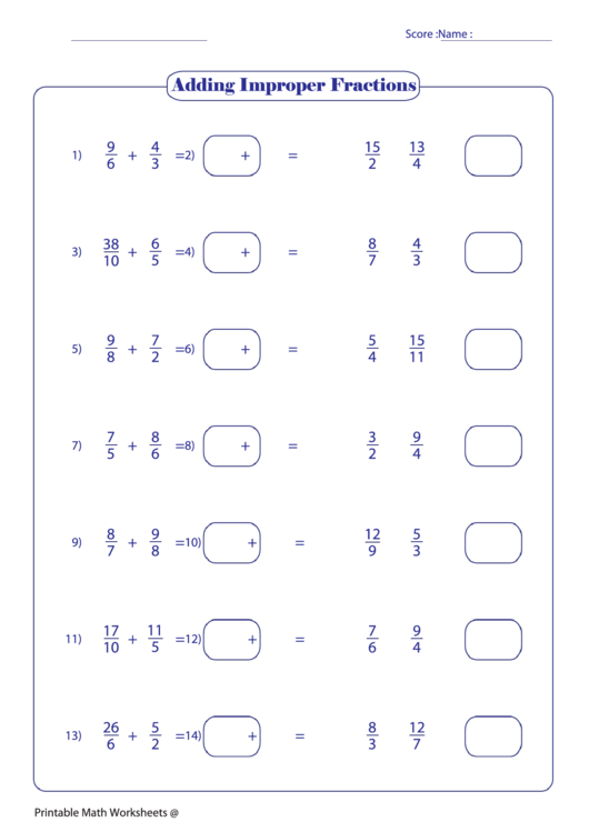 Adding Improper Fractions Worksheet printable pdf download