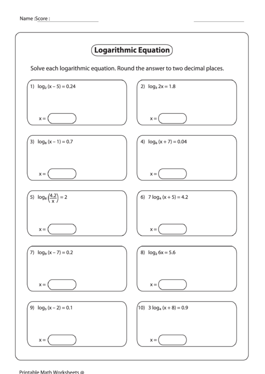 Logarithmic Equation Worksheet printable pdf download