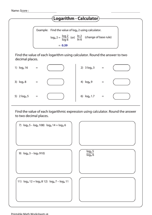 Logarithm - Calculator Worksheet Printable pdf