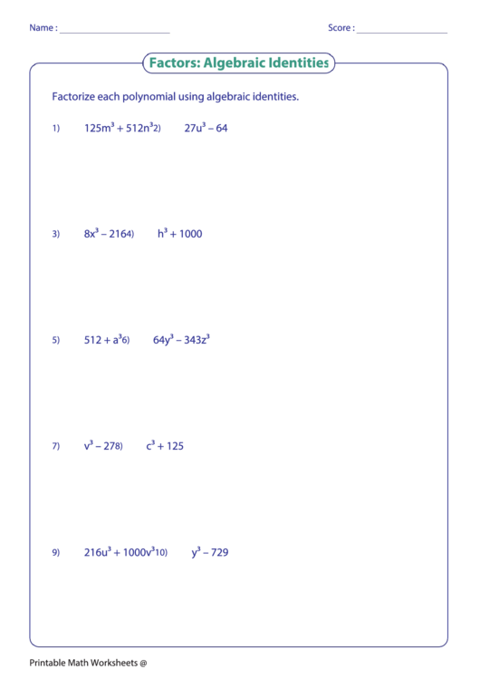 Factors - Algebraic Identities Worksheet Printable pdf