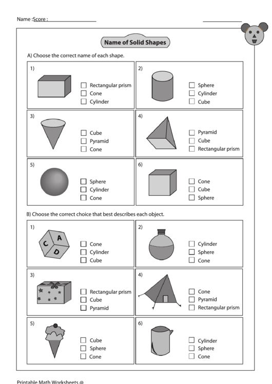 name of solid shapes worksheet with answer key printable