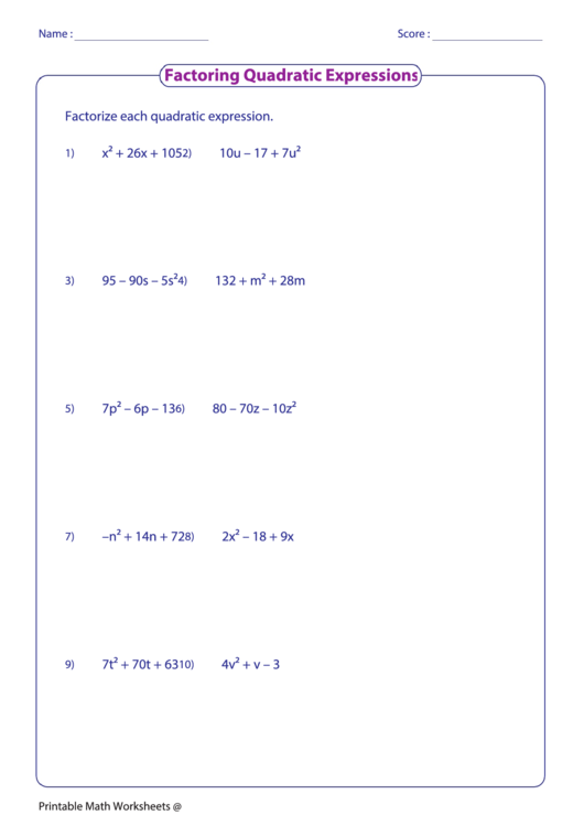 Factoring Quadratic Expressions Worksheet Printable pdf