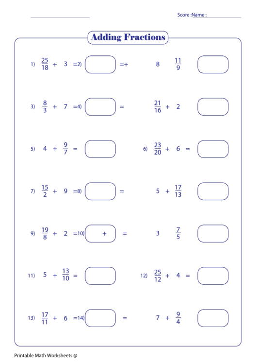 Adding Fractions printable pdf download