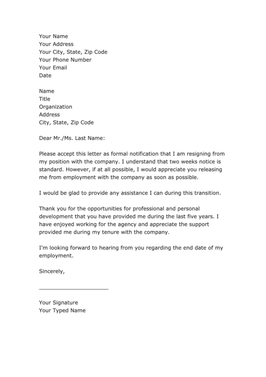 2 Weeks Notice Resignation Letter Template