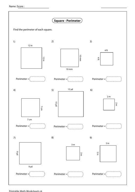 Square Perimeter Worksheet Printable pdf