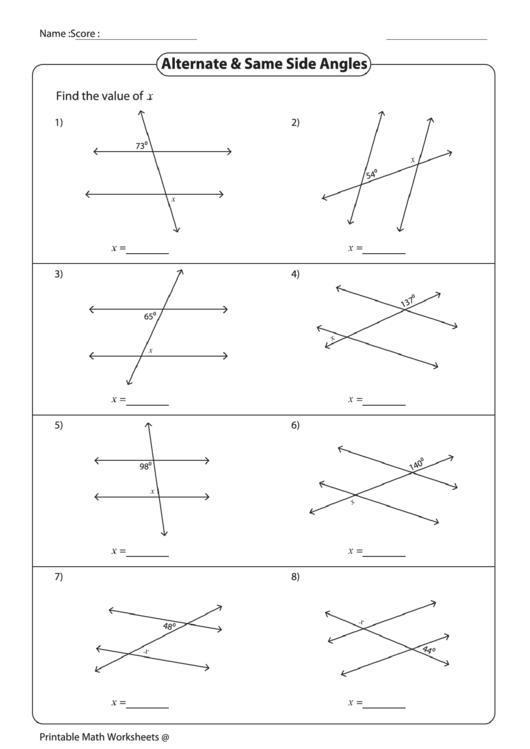 Alternate And Same Side Angles Worksheet Printable pdf