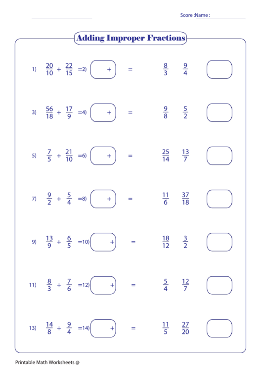 Adding Improper Fractions Printable pdf