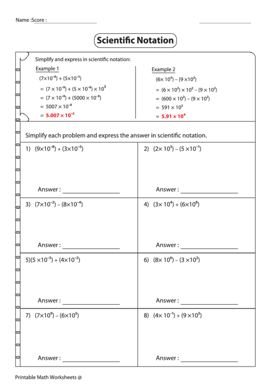 Simplifying Expressions In Scientific Notation Worksheet With Answer Key Printable pdf