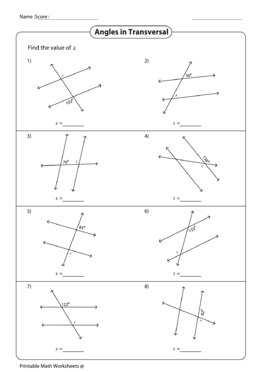 Angles In Transversal Worksheet Printable pdf