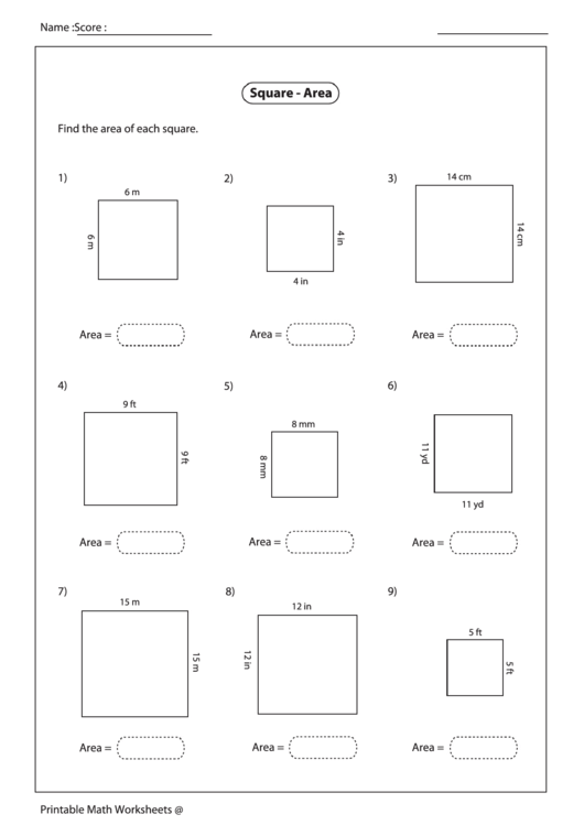 Area Of A Square Worksheet Printable pdf