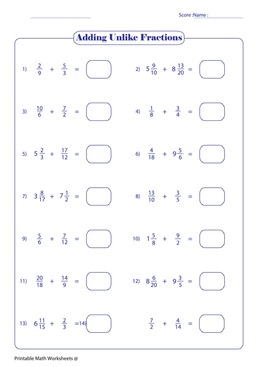 Adding Unlike Fractions printable pdf download