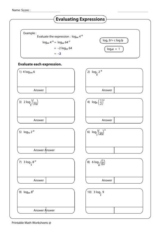 Evaluating Expressions Worksheet Printable pdf