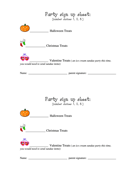Party Sign Up Sheet