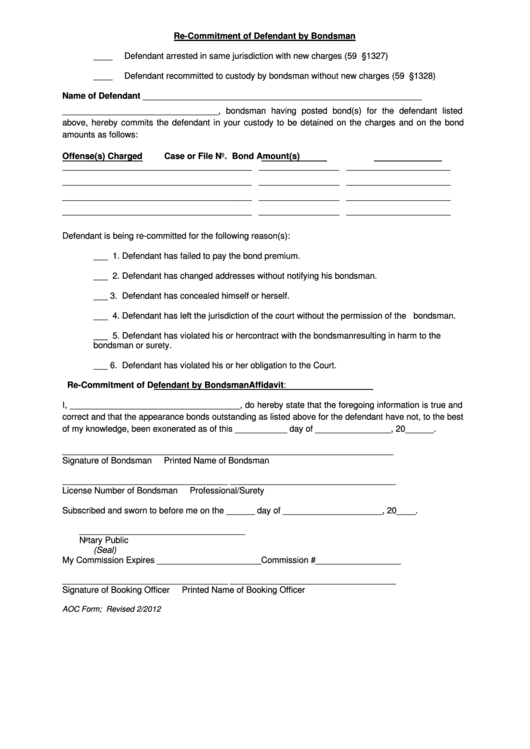 Re-Commitment Of Defendant By Bondsman Form Printable pdf