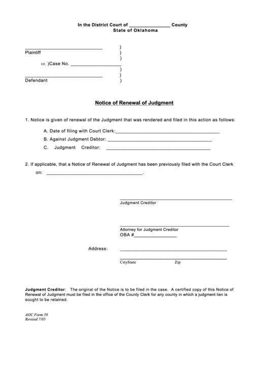 Notice Of Renewal Of Judgment Printable pdf