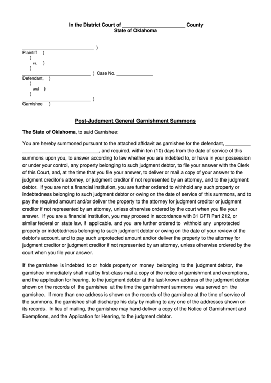 Post Judgment General Garnishment Summons - Oklahoma District Court Printable pdf