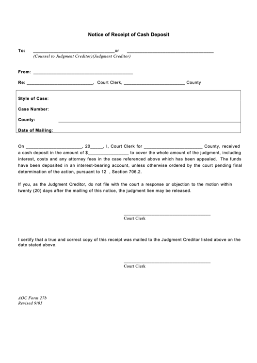 Notice Of Receipt Of Cash Deposit Printable pdf