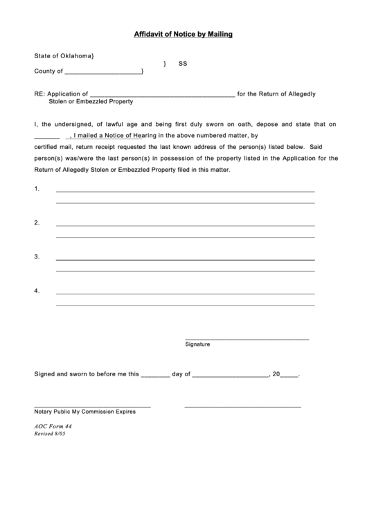 Aoc Form 44 - Affidavit Of Notice By Mailing Printable pdf