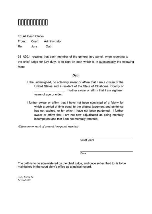 Oath For General Jury Panel Printable pdf