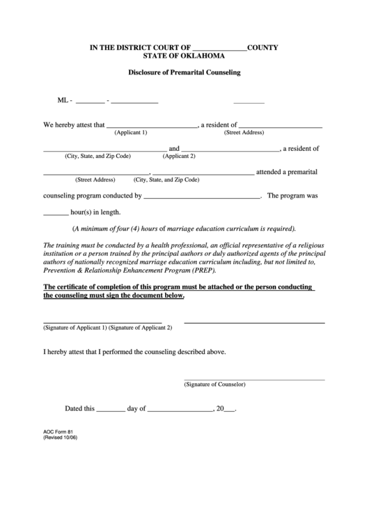 Disclosure Of Premarital Counseling Printable pdf