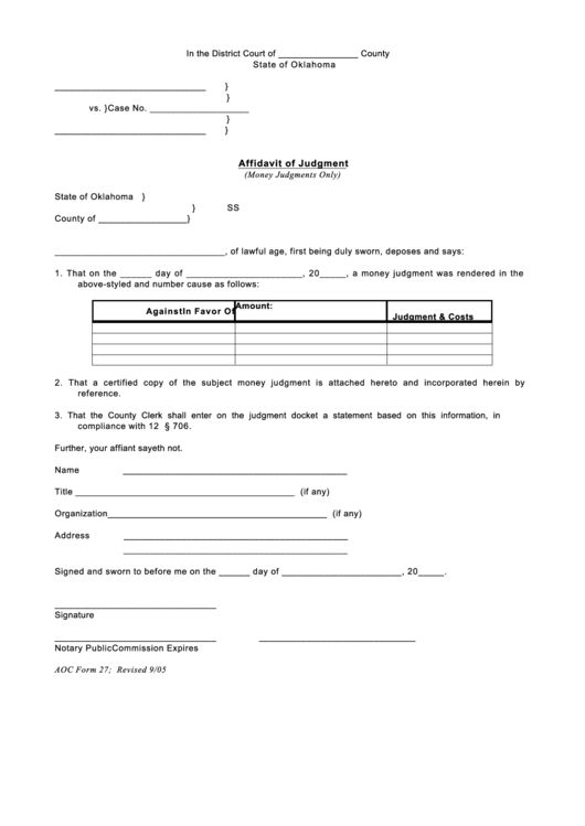 Affidavit Of Judgment Printable pdf