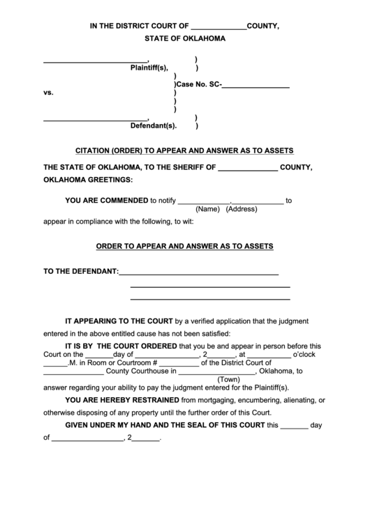 Citation Order To Appear And Answer As To Assets Printable pdf