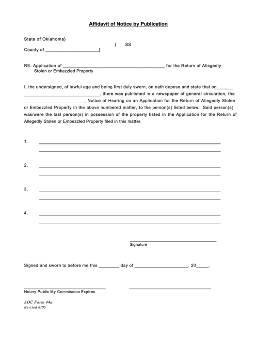 Aoc Form 44a - Affidavit Of Notice By Publication Printable pdf