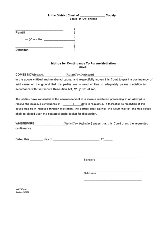 Motion For Continuance To Pursue Mediation Printable pdf
