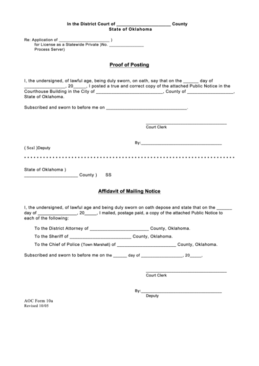 Aoc Form 10a - Proof Of Posting Printable pdf