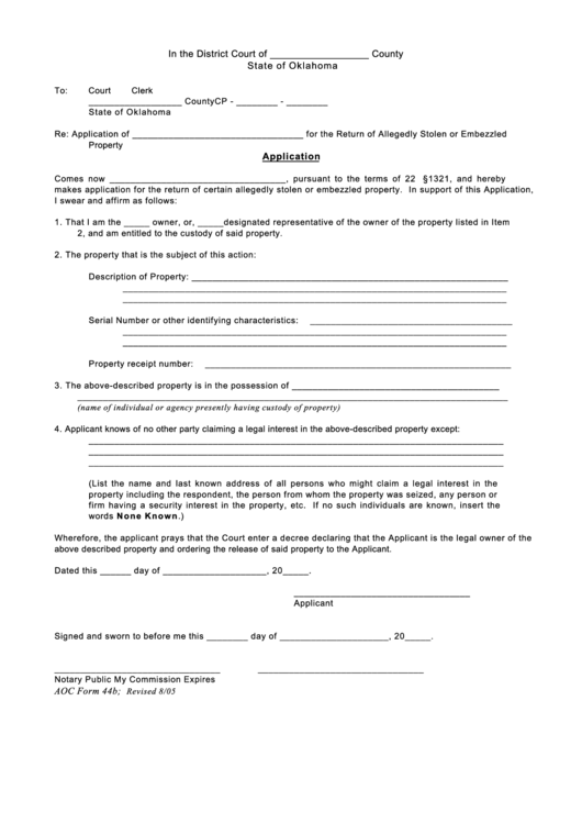 Application - State Of Oklahoma District Court Printable pdf