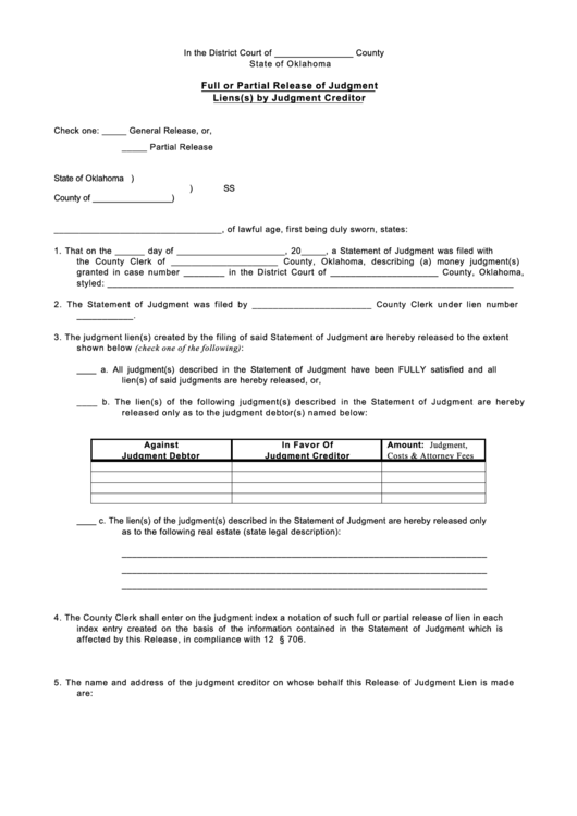 Full Or Partial Release Of Judgment Liens By Judgment Creditor Printable pdf