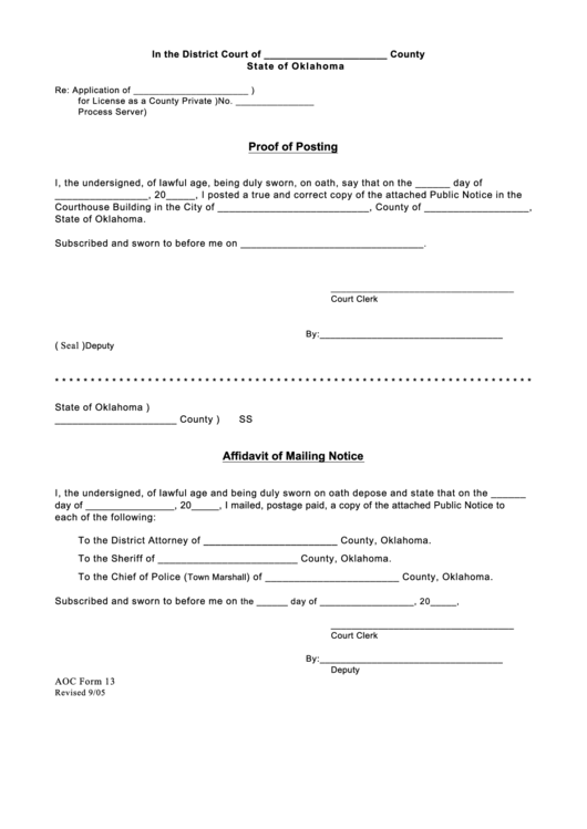 Aoc Form 13 - Proof Of Posting Printable pdf
