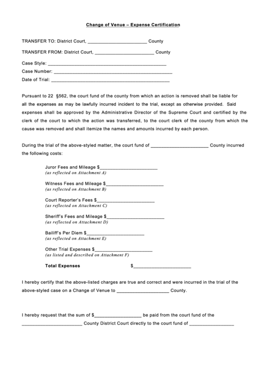 Change Of Venue - Expense Certification Printable pdf