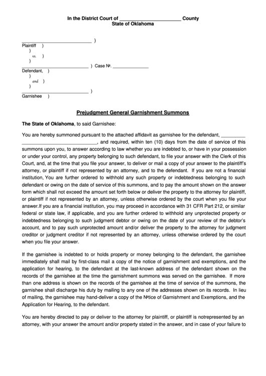 Prejudgment General Garnishment Summons - Oklahoma District Court Printable pdf