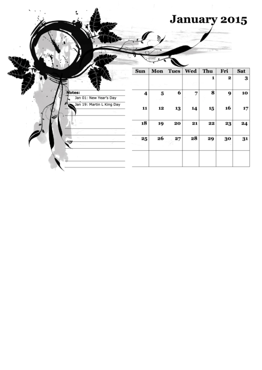 Monthly Calendar Template Leaves - 2015 Printable pdf