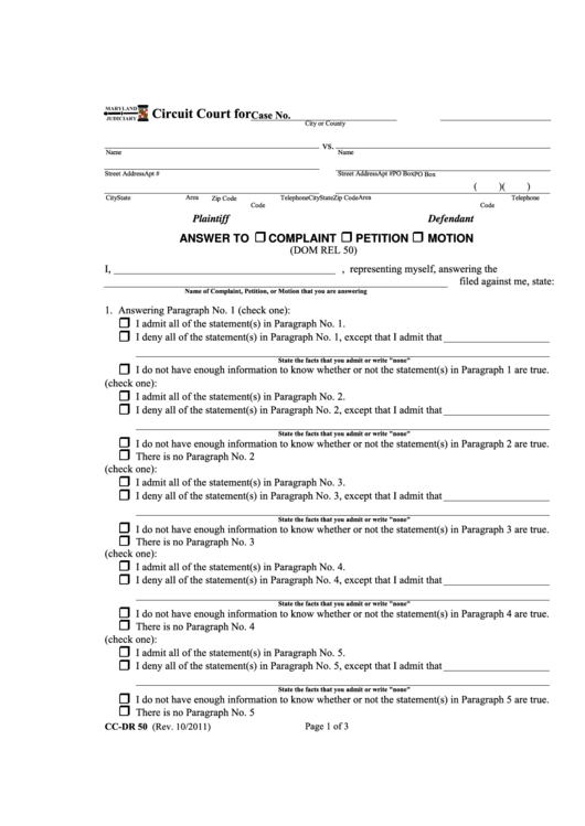 Fillable Answer To Complaint/petition Or Motion - Maryland Circuit Court Printable pdf